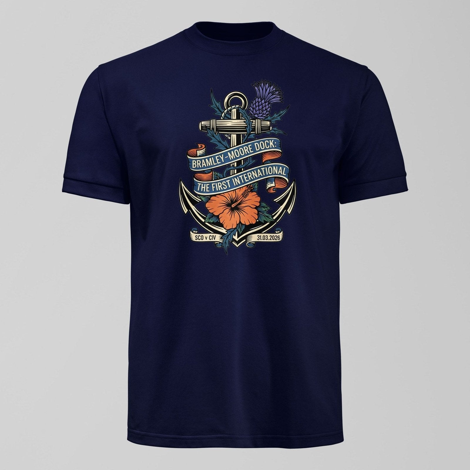 Bramley Moore First International T-Shirt, alternate view. An Everton fan design by Forever Everton.