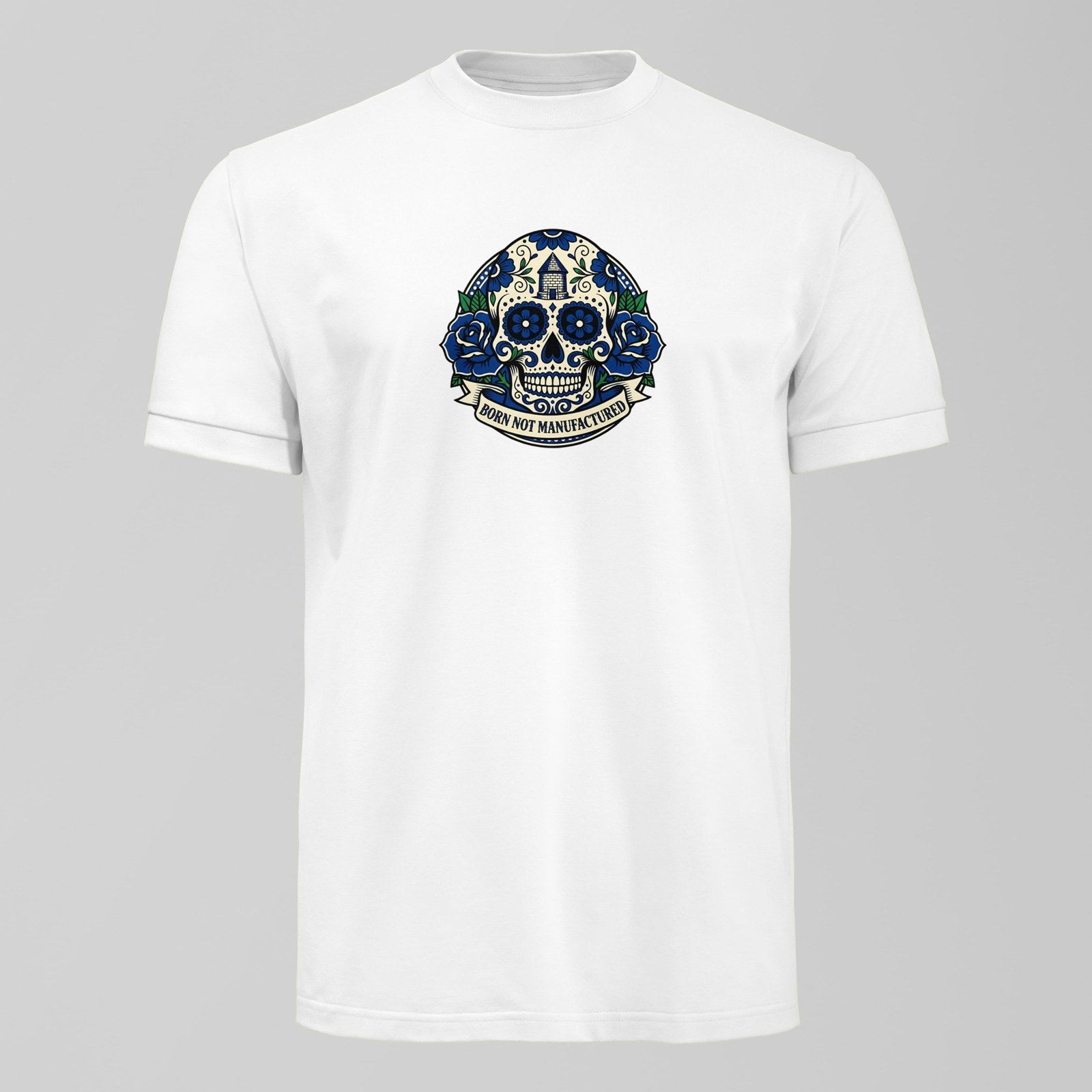 Born Not Manufactured T-Shirt, alternate view. An Everton fan design by Forever Everton.