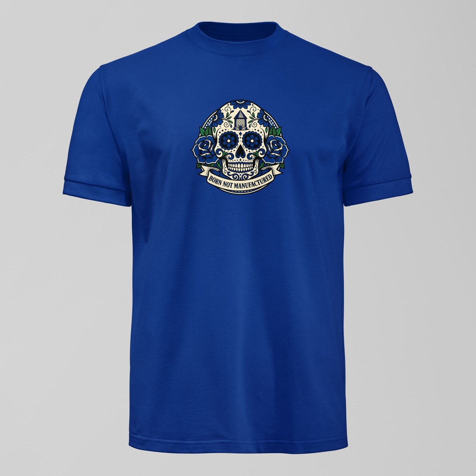 Born Not Manufactured T-Shirt, alternate view. An Everton fan design by Forever Everton.