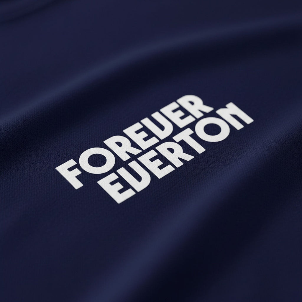 Print close-up on premium cotton. Dark Forever Everton Small Logo White Design T-Shirt. Forever Everton.