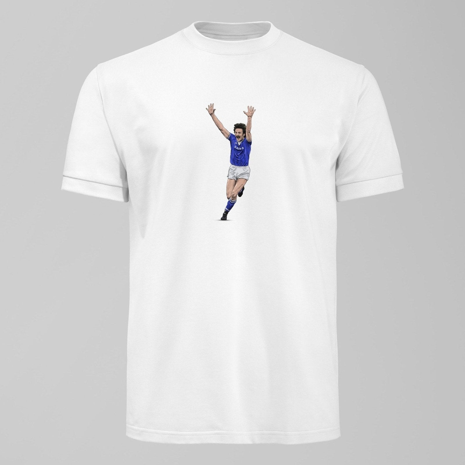 Derek Mountfield 1985 Legend T-Shirt, alternate view. An Everton fan design by Forever Everton.