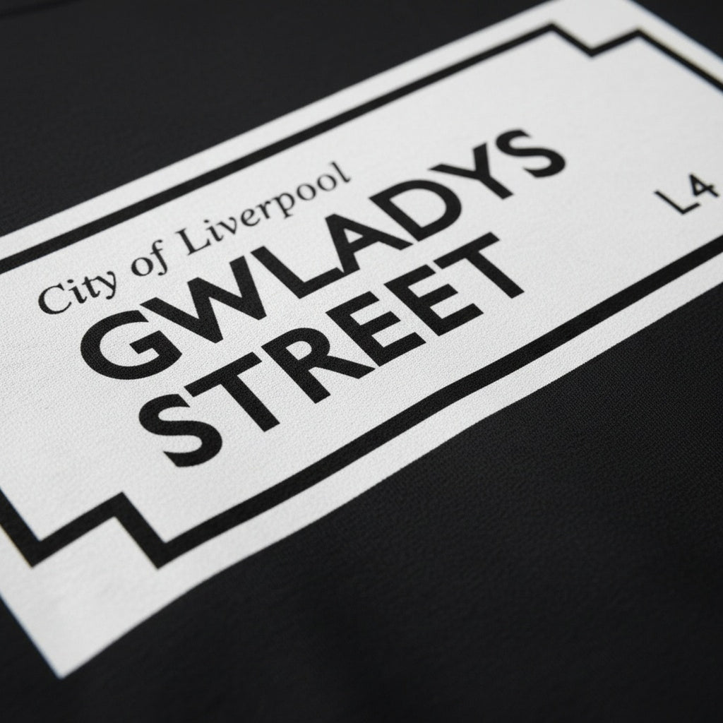 Print close-up on premium cotton. Gwladys Street Sign T-Shirt. Forever Everton.