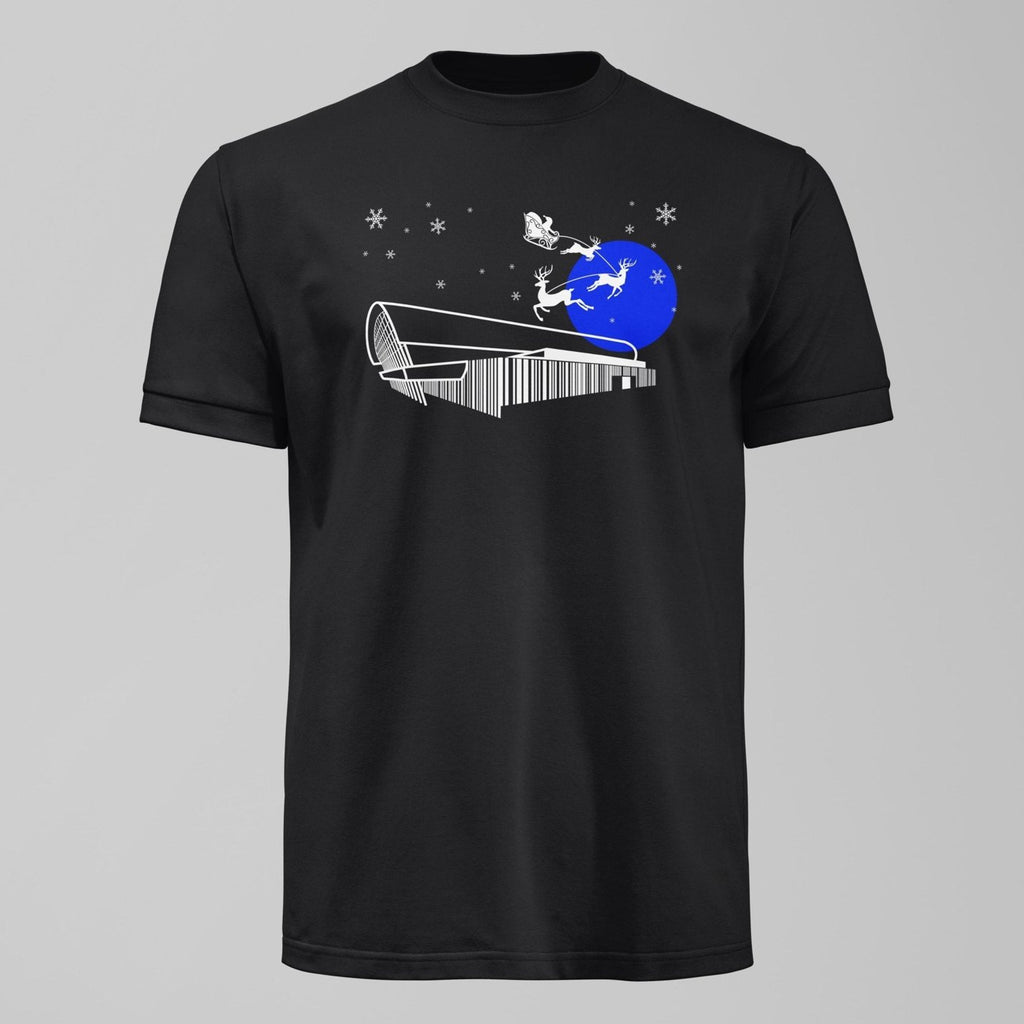 Bramley Moore New Dawn Christmas T-Shirt – Everton Stadium Santa & Snow. An Everton fan design by Forever Everton.