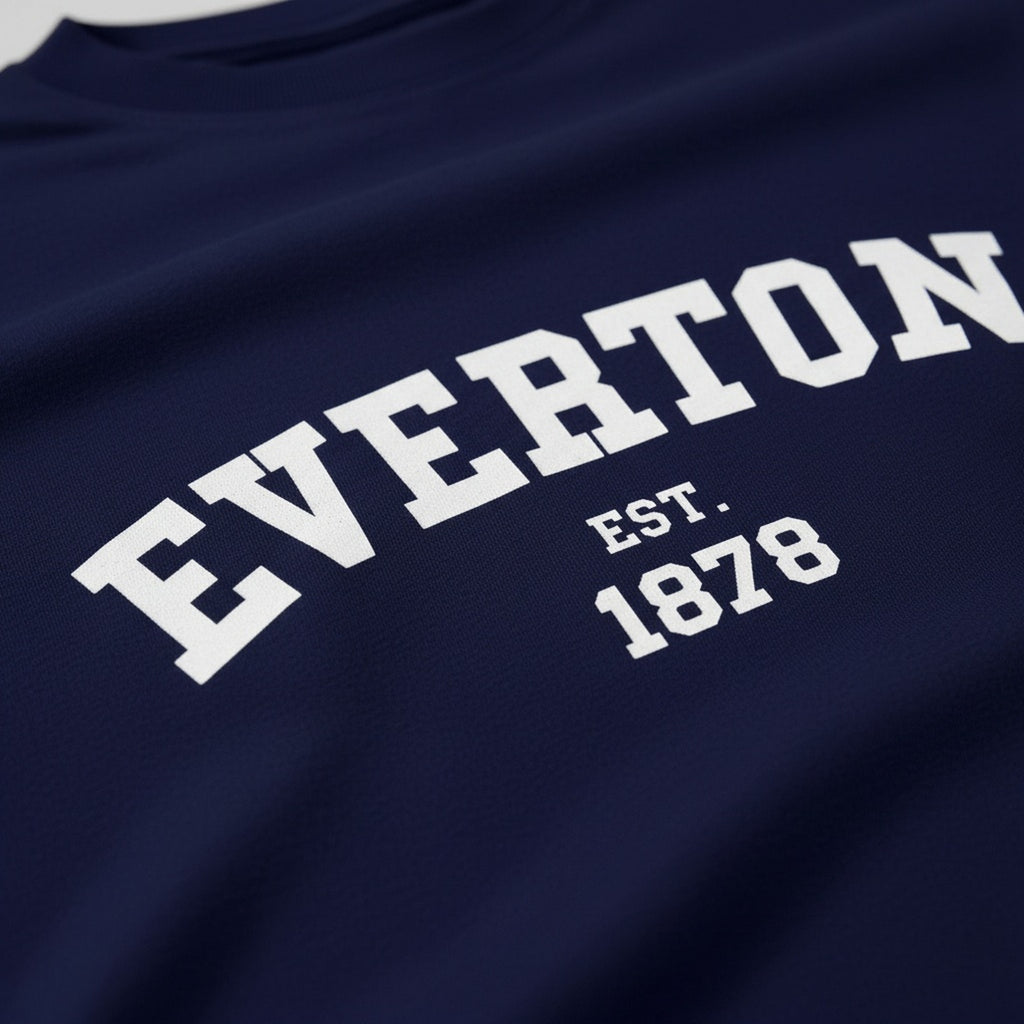 Print close-up on premium cotton. Dark Everton College White Design T-Shirt. Forever Everton.