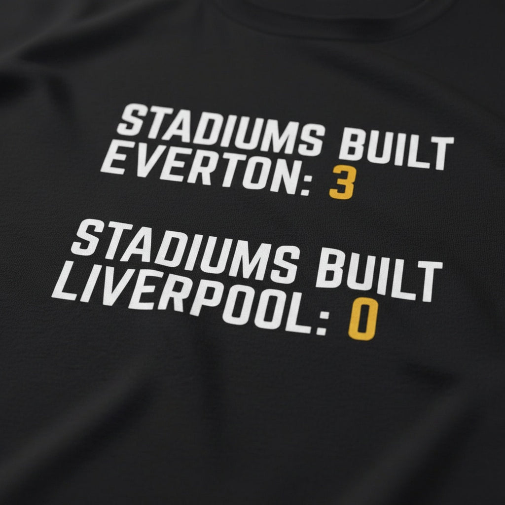Print close-up on premium cotton. Stadiums Built T-Shirt. Forever Everton.