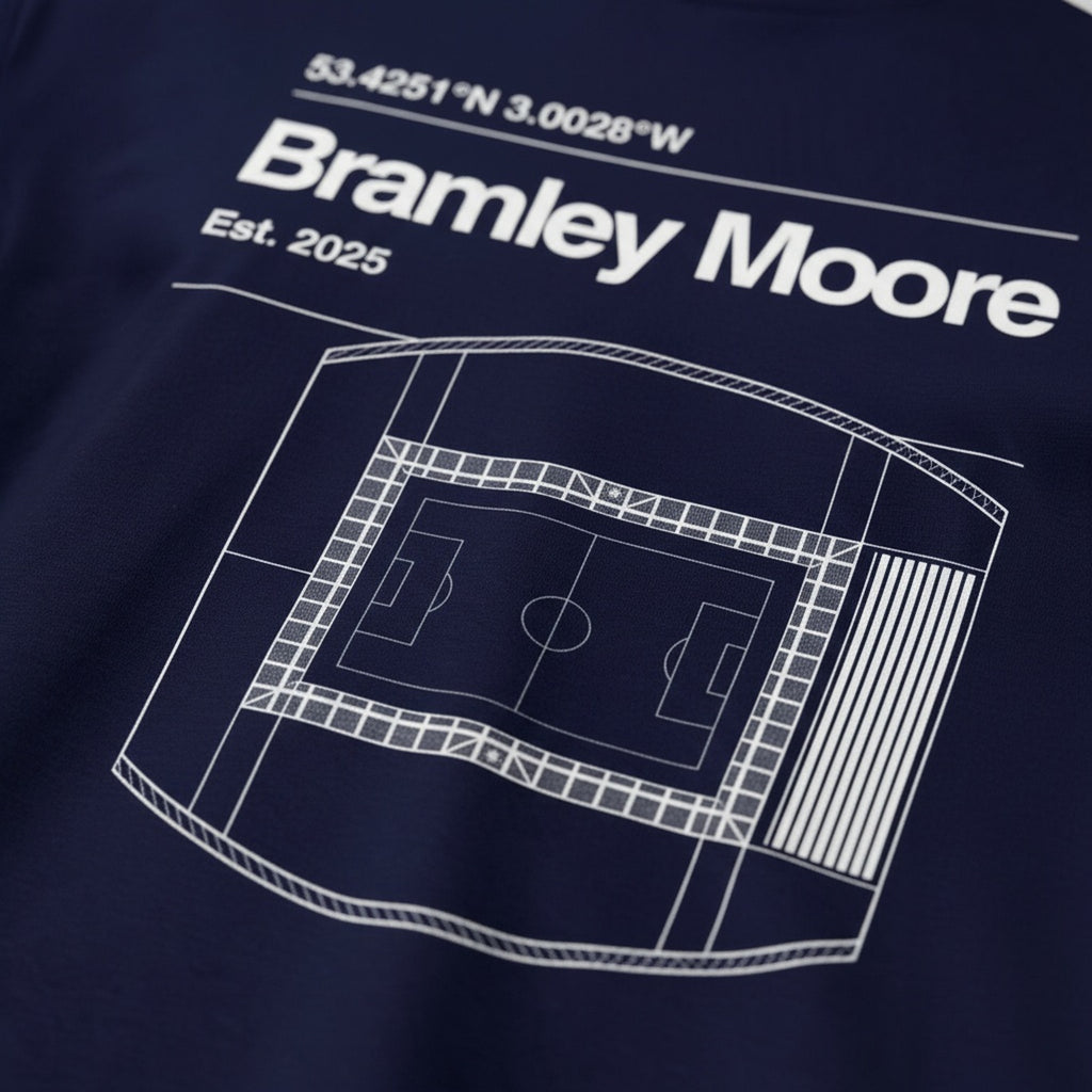 Print close-up on premium cotton. Bramley Moore Blueprint T-Shirt. Forever Everton.