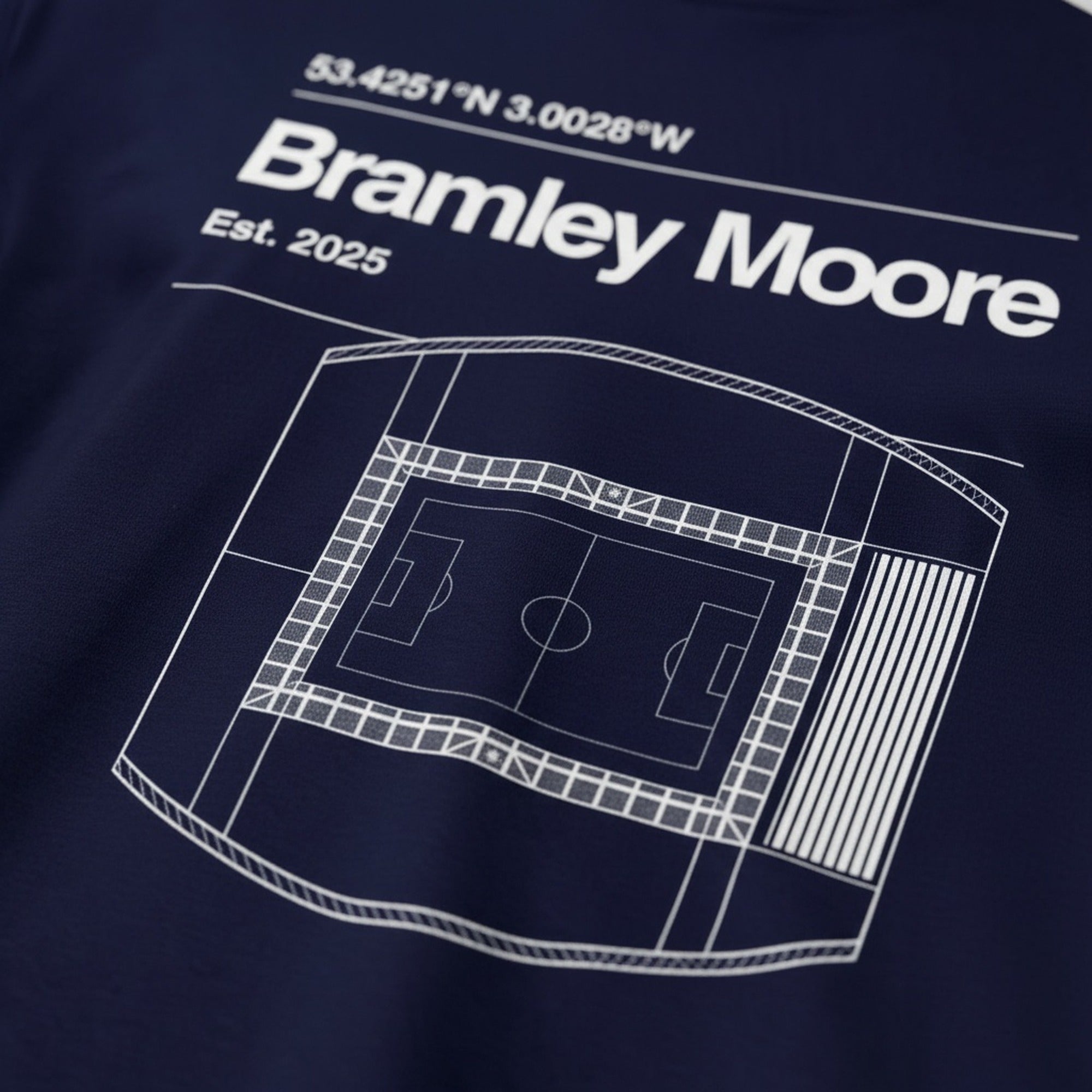 Print close-up on premium cotton. Bramley Moore Blueprint T-Shirt. Forever Everton.