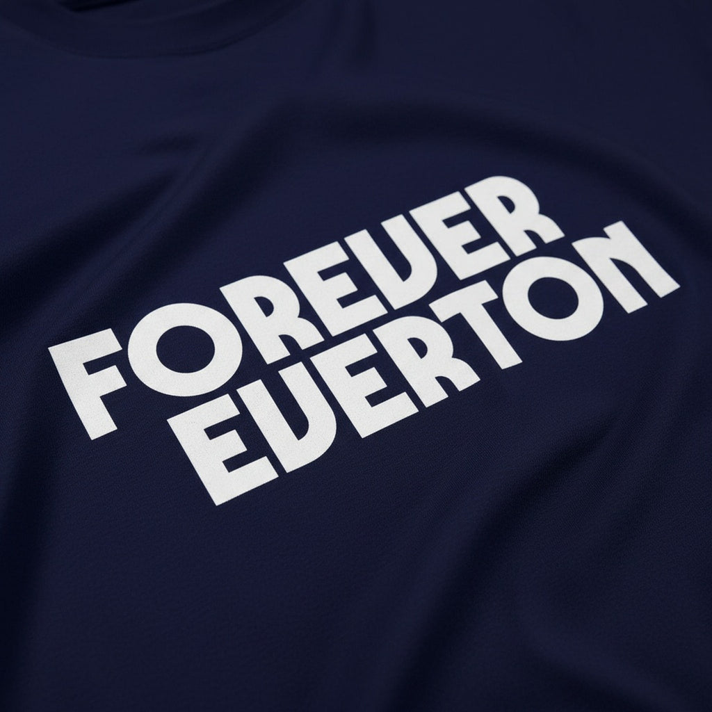 Print close-up on premium cotton. Dark Forever Everton Large Logo White Design T-Shirt. Forever Everton.