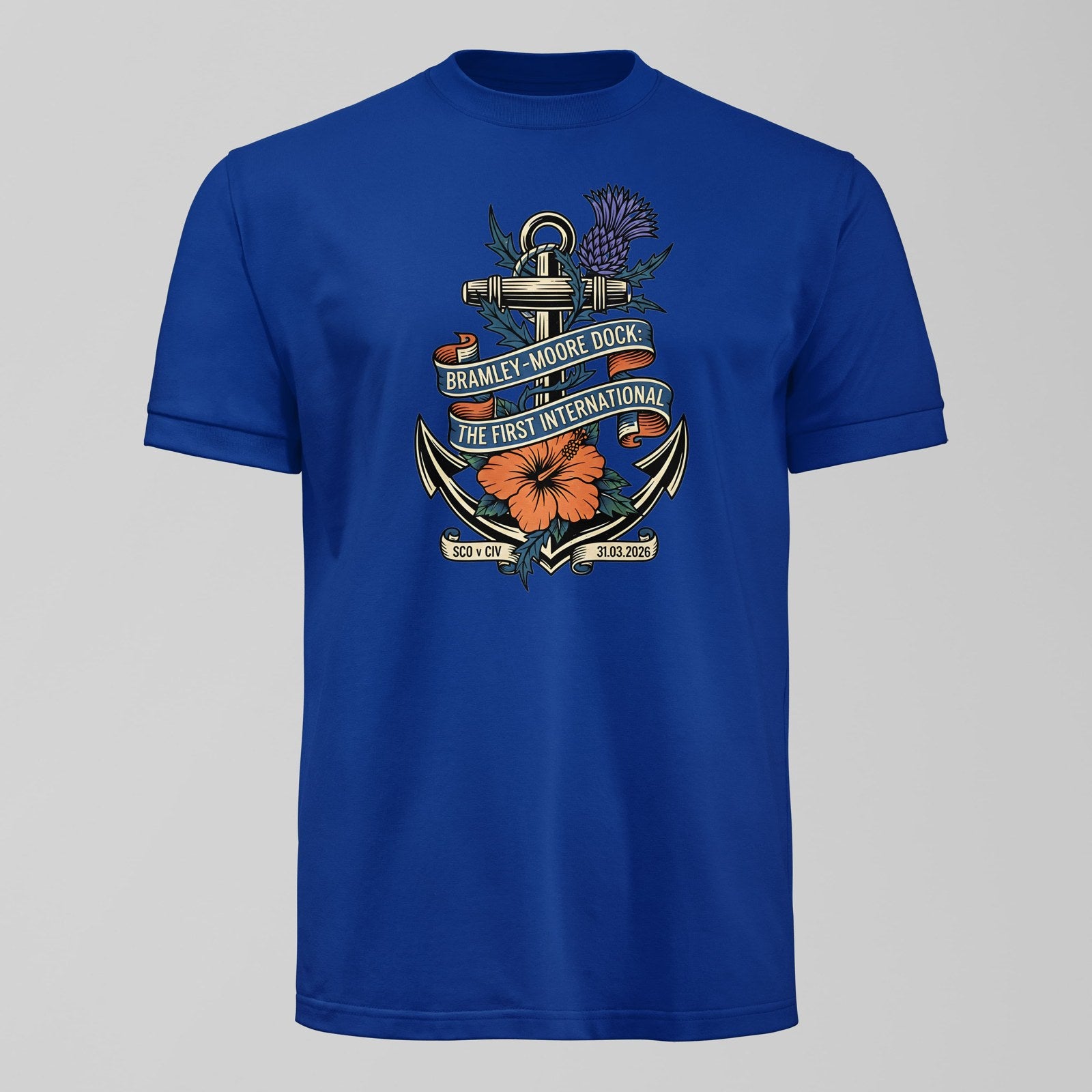 Bramley Moore First International T-Shirt, alternate view. An Everton fan design by Forever Everton.