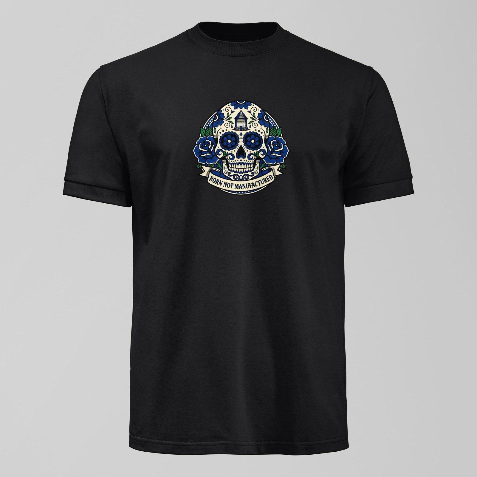 Born Not Manufactured T-Shirt, alternate view. An Everton fan design by Forever Everton.