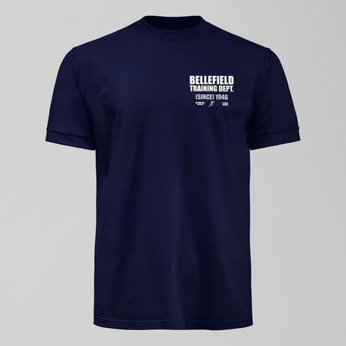 Bellefield Training Dept Small Design T-Shirt. An Everton fan design by Forever Everton.
