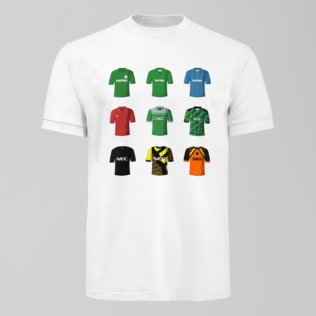 History of Neville Southall Everton Shirts T-Shirt. An Everton fan design by Forever Everton.