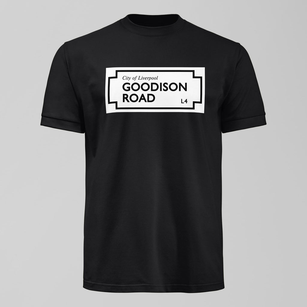 Goodison Road Street Sign T-Shirt, alternate view. An Everton fan design by Forever Everton.