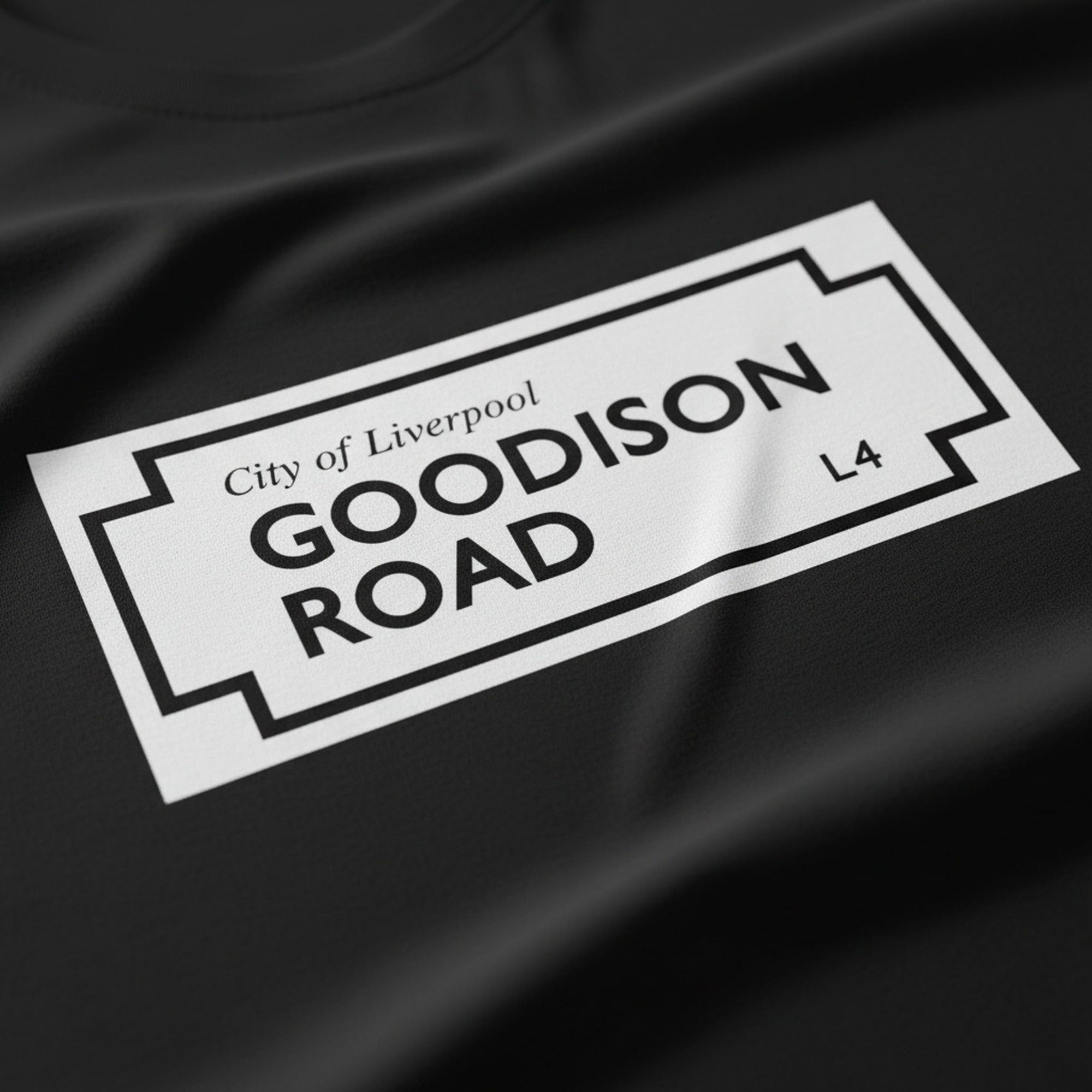 Print close-up on premium cotton. Goodison Road Street Sign T-Shirt. Forever Everton.