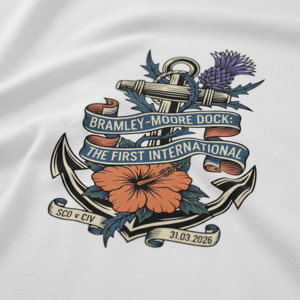 Print close-up on premium cotton. Bramley Moore First International T-Shirt. Forever Everton.