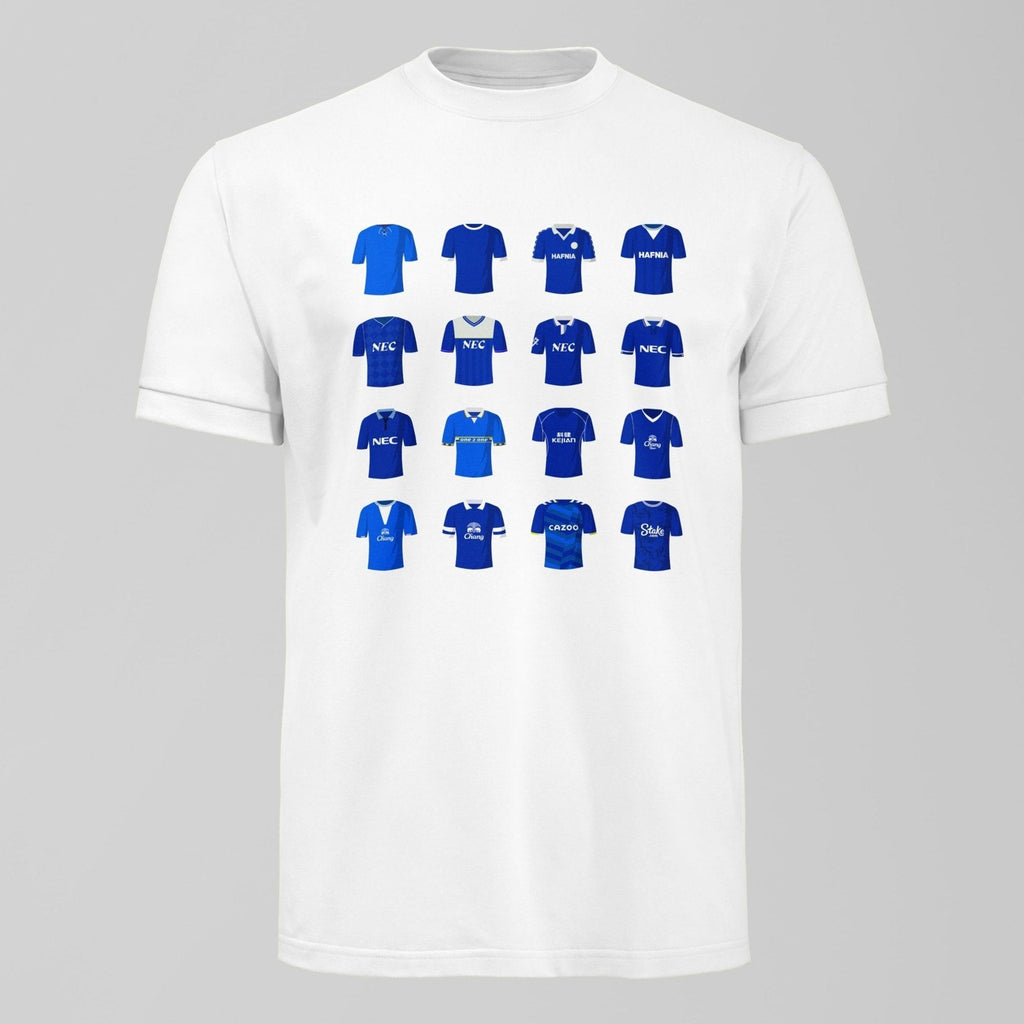 History of Everton Home Shirts T-Shirt, alternate view. An Everton fan design by Forever Everton.