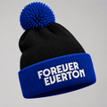 Forever Everton bobble hat – black beanie with royal blue pom pom and cuff, embroidered in white