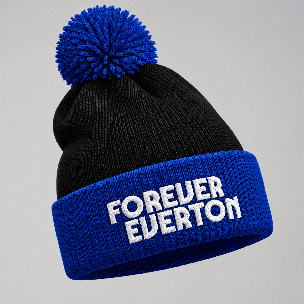 Forever Everton bobble hat – black beanie with royal blue pom pom and cuff, embroidered in white