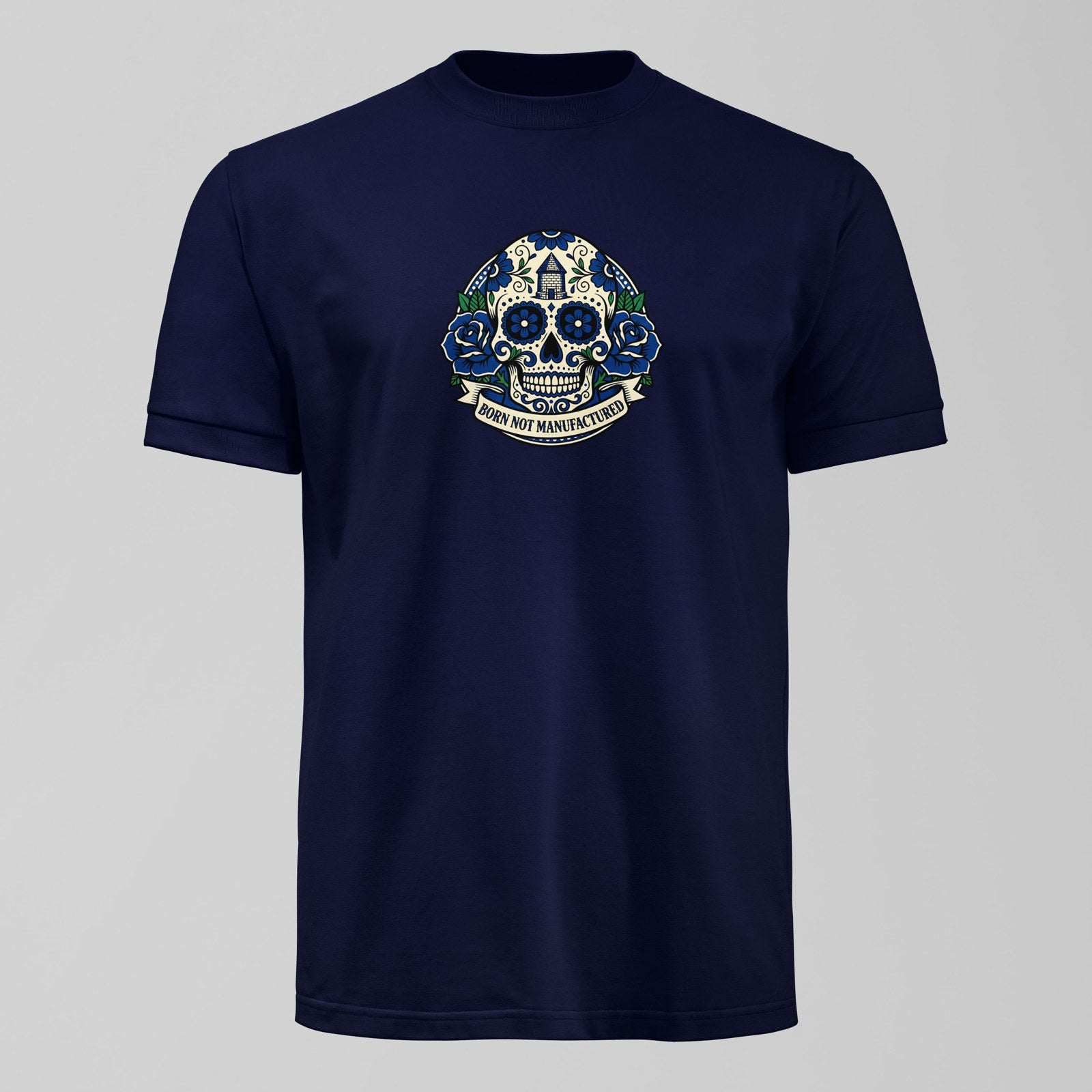 Born Not Manufactured T-Shirt, alternate view. An Everton fan design by Forever Everton.