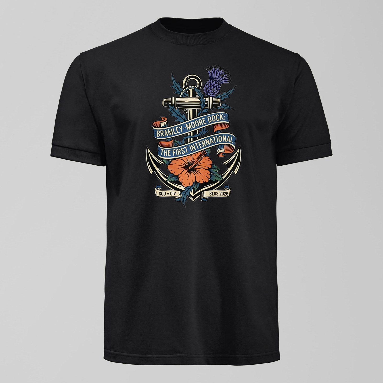 Bramley Moore First International T-Shirt, alternate view. An Everton fan design by Forever Everton.