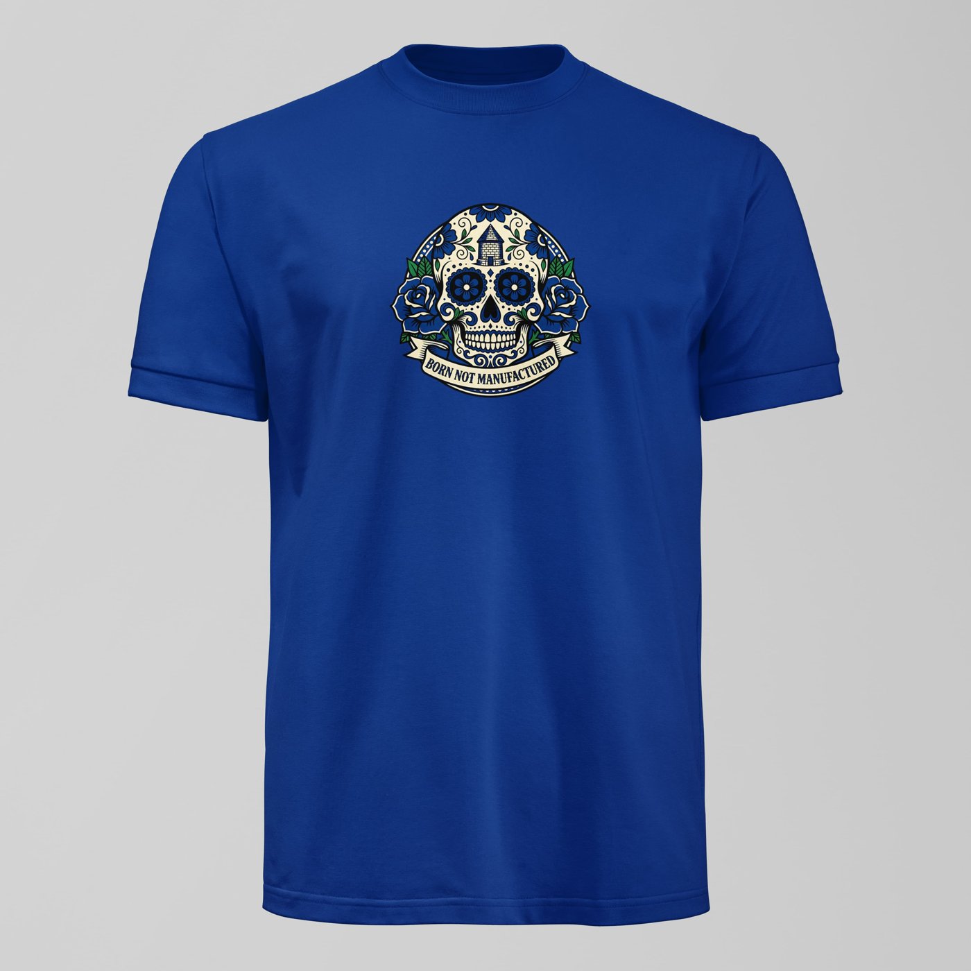 Born Not Manufactured T-Shirt. An Everton fan design by Forever Everton.