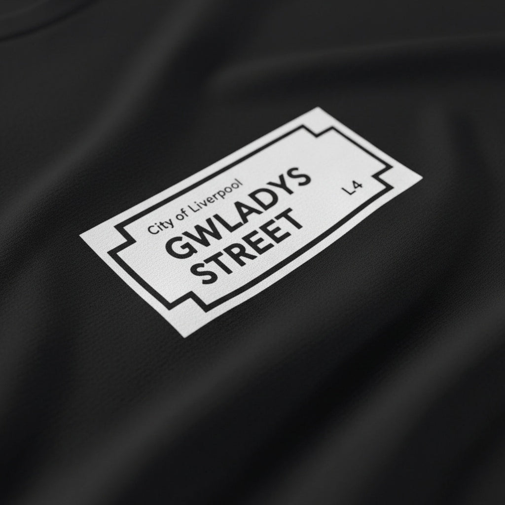 Print close-up on premium cotton. Gwladys Street Sign Small Design T-Shirt. Forever Everton.