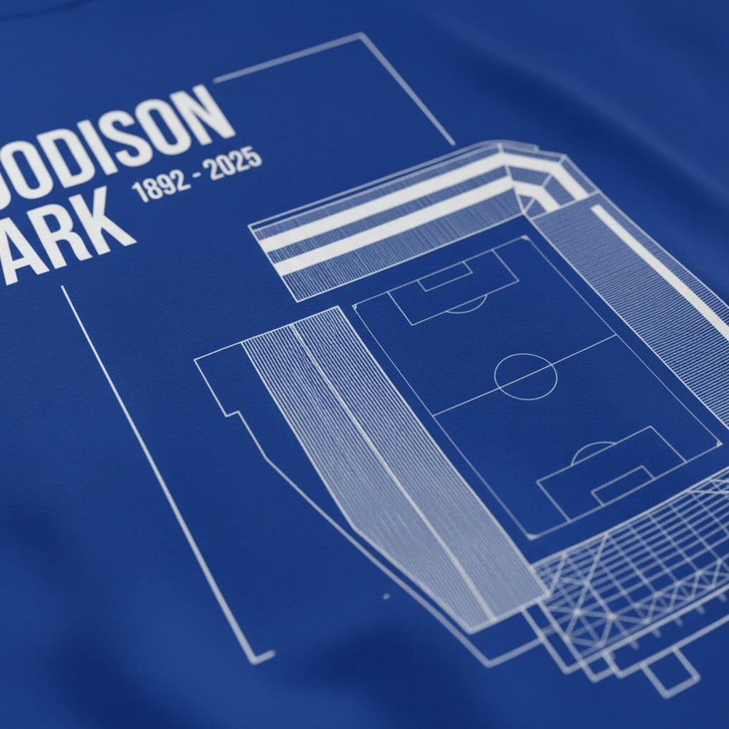 Print close-up on premium cotton. Goodison Park Blueprint T-Shirt. Forever Everton.