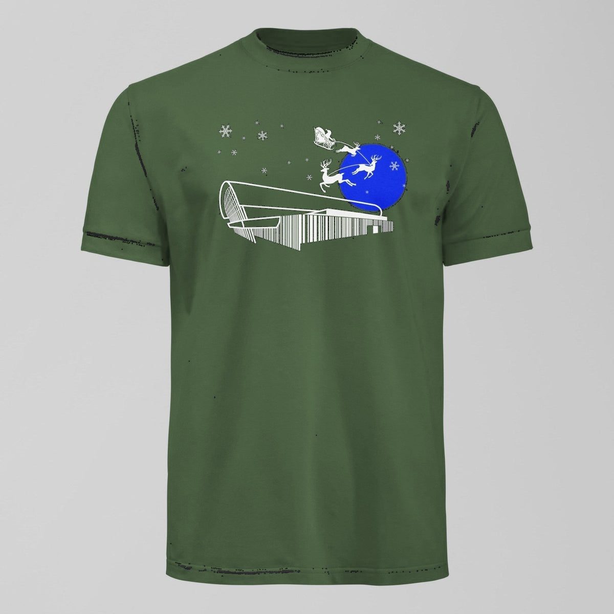 Bramley Moore New Dawn Christmas T-Shirt – Everton Stadium Santa & Snow in Green by Forever Everton