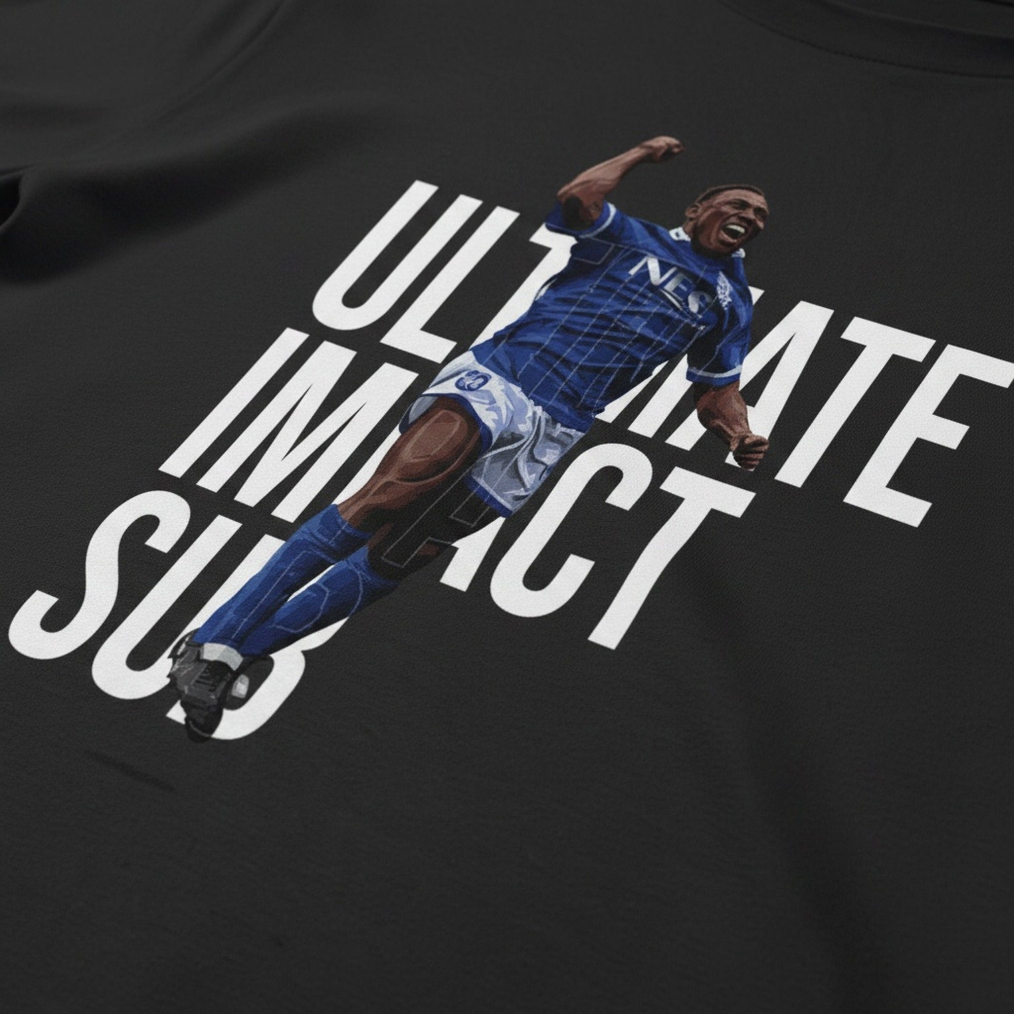 Print close-up on premium cotton. Daniel Amokachi Tshirt - the FA Cup Sub that never was!. Forever Everton.