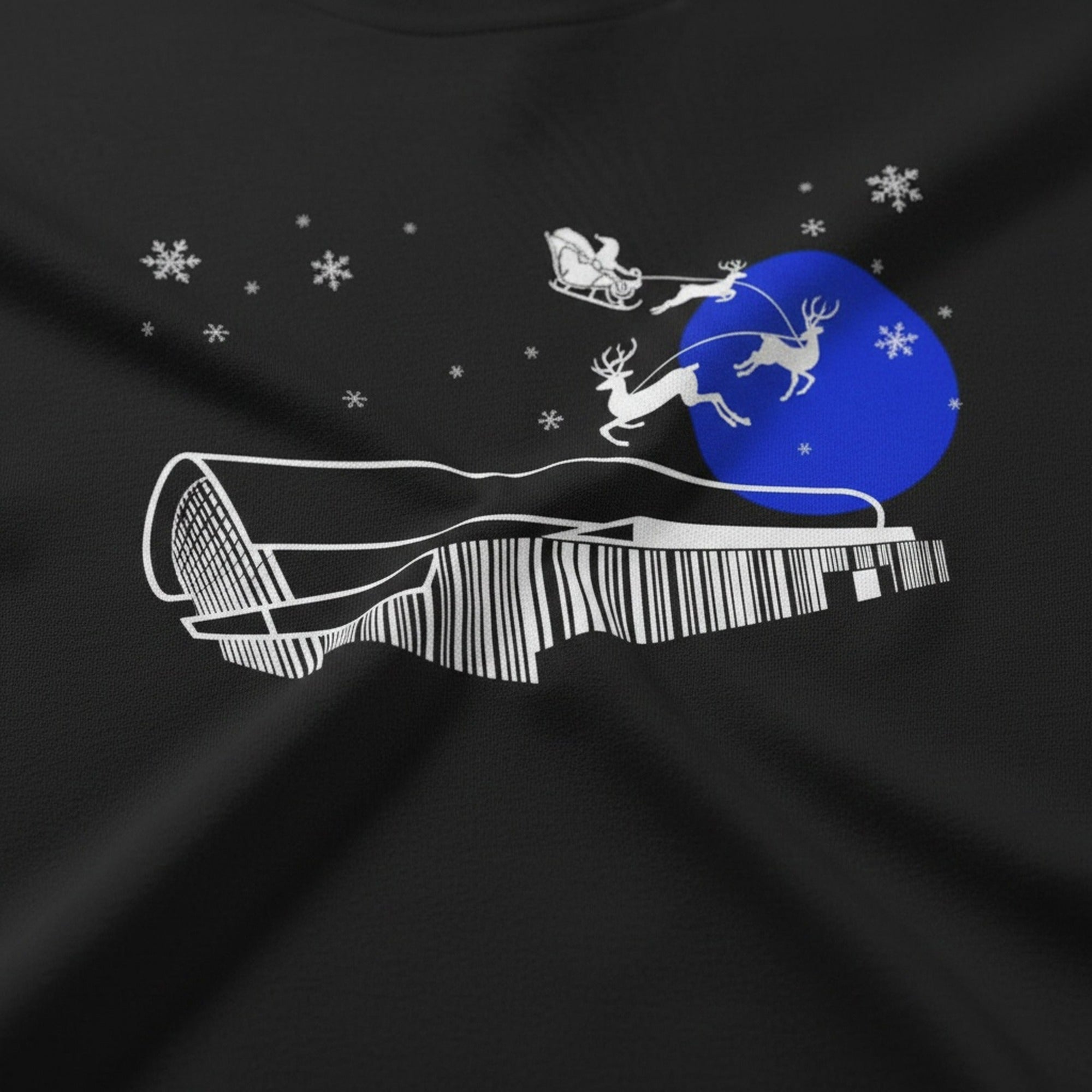 Print close-up on premium cotton. Bramley Moore New Dawn Christmas T-Shirt – Everton Stadium Santa & Snow. Forever Everton.