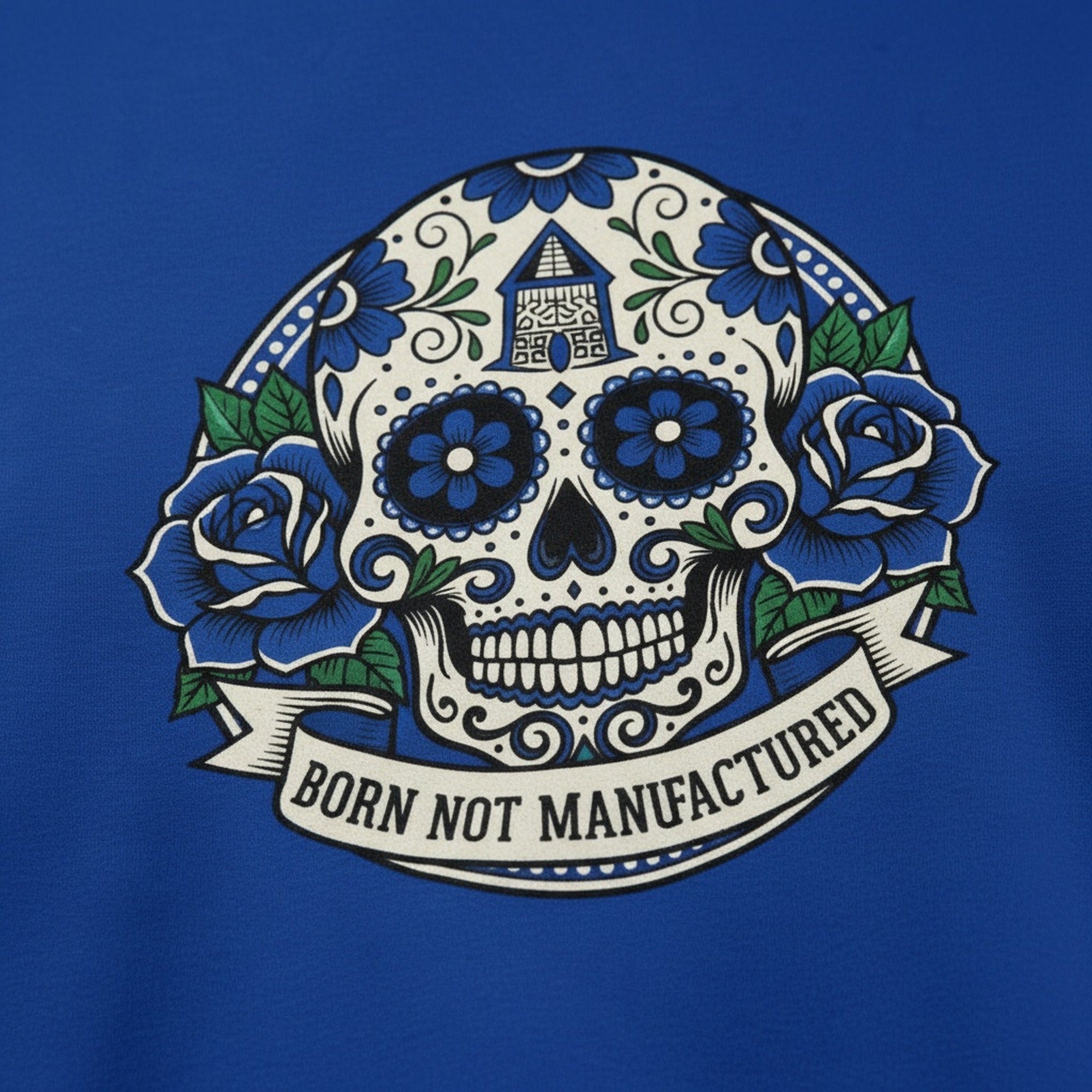 Print close-up on premium cotton. Born Not Manufactured T-Shirt. Forever Everton.