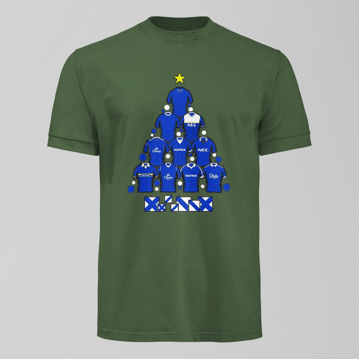 Everton Christmas Tshirt – Retro Shirts & Archibald Leitch Tree in Green by Forever Everton