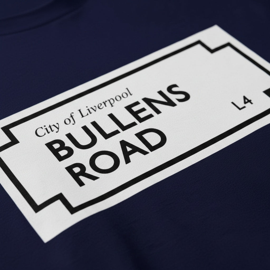 Print close-up on premium cotton. Bullens Road Street Sign T-Shirt. Forever Everton.