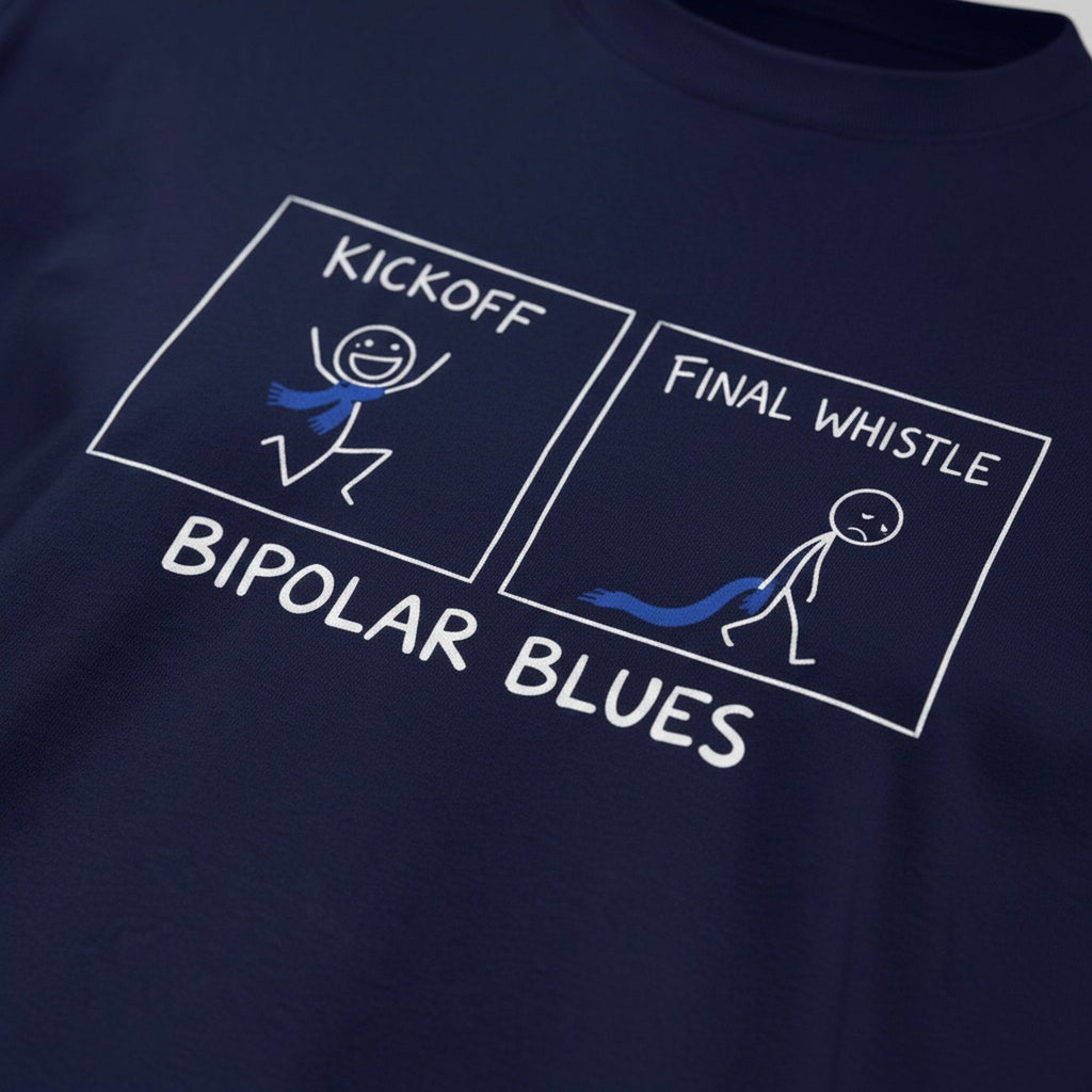 Print close-up on premium cotton. Bipolar Blues T-Shirt. Forever Everton.