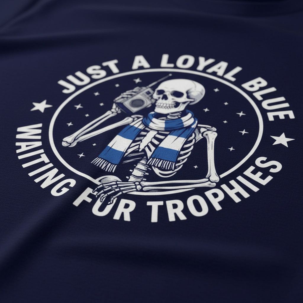Print close-up on premium cotton. Waiting For Trophies T-Shirt. Forever Everton.