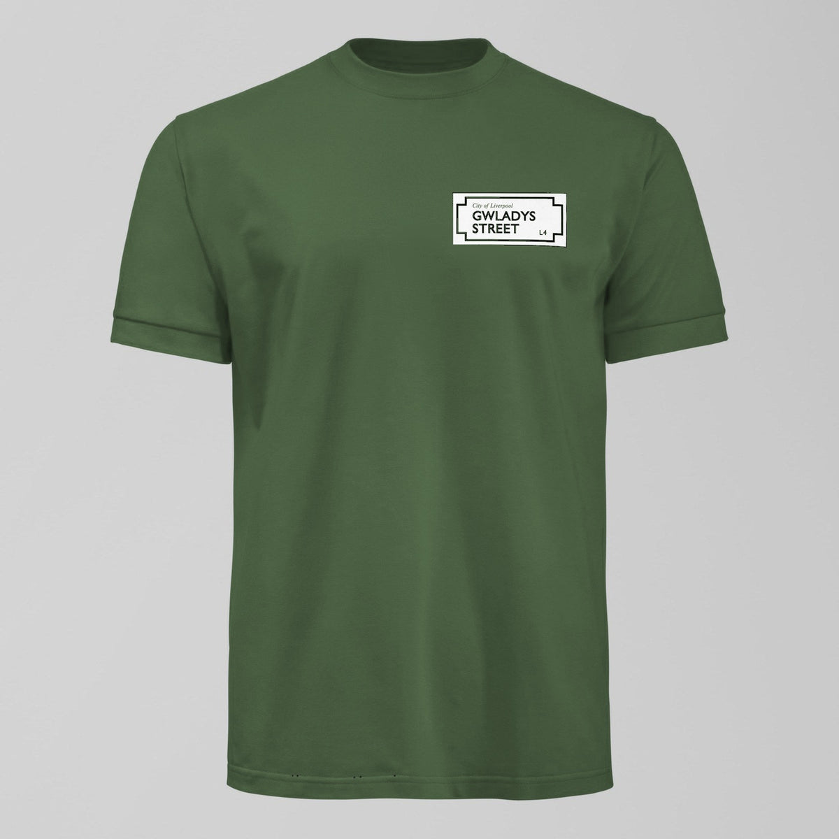 Gwladys Street Sign Small Design T-Shirt in Green by Forever Everton